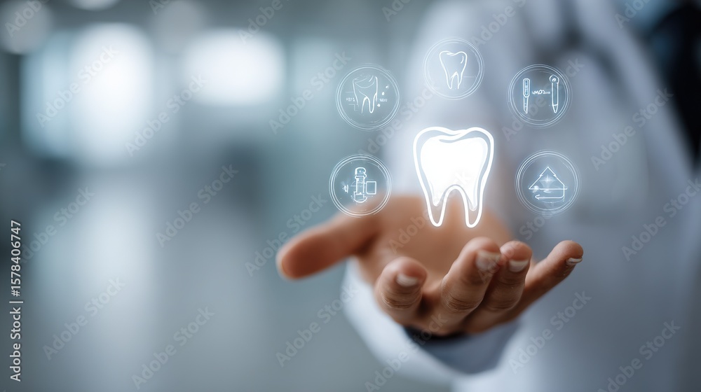 Obraz premium Doctor presenting glowing virtual tooth icon with medical symbols on screen representing advanced dental care and healthcare technology