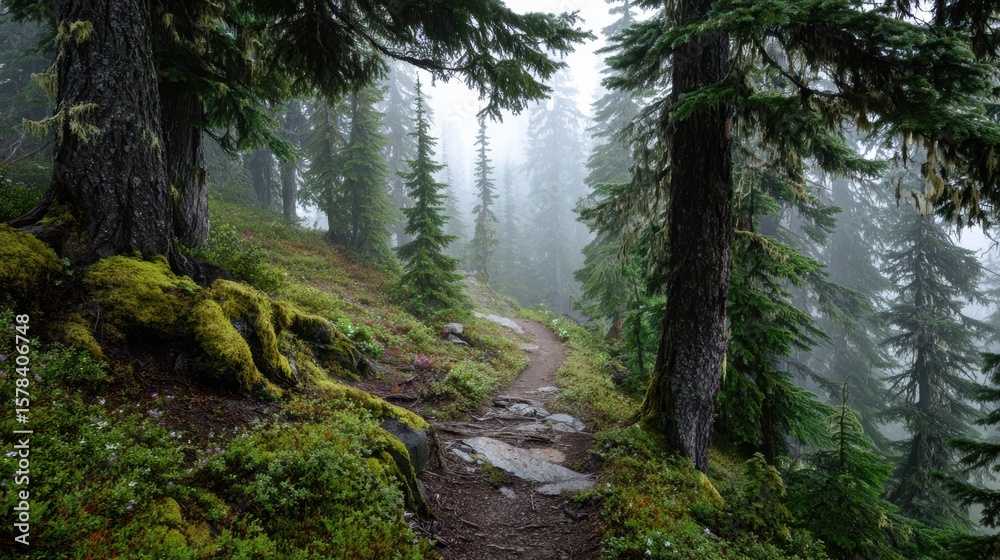 Fototapeta premium A serene forest path enveloped in mist, showcasing lush greenery and towering trees, perfect for nature lovers.