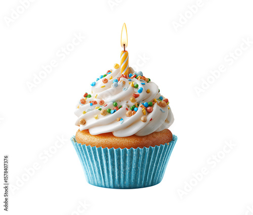 A cupcake with sprinkles and one candle isolated on a transparent background