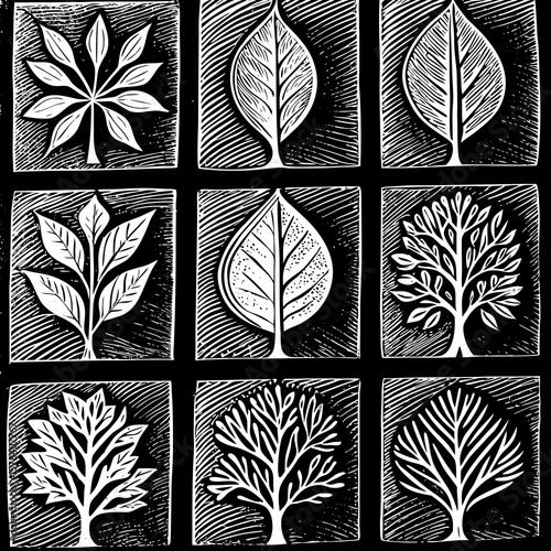 Nature-inspired line icon set with assorted leaves, saplings, and tree branches, simple and geometric