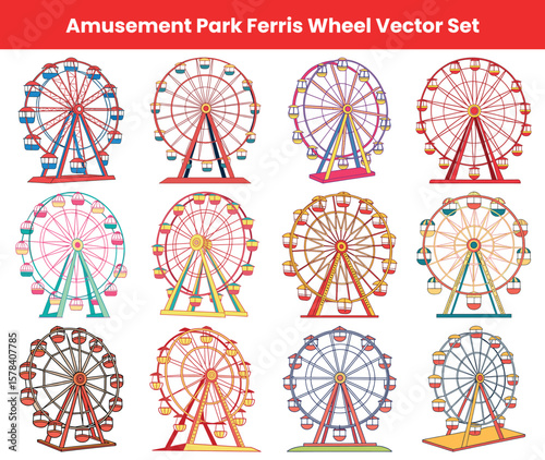 Colorful Ferris Wheel Set Amusement Park Ride Illustrations for Design