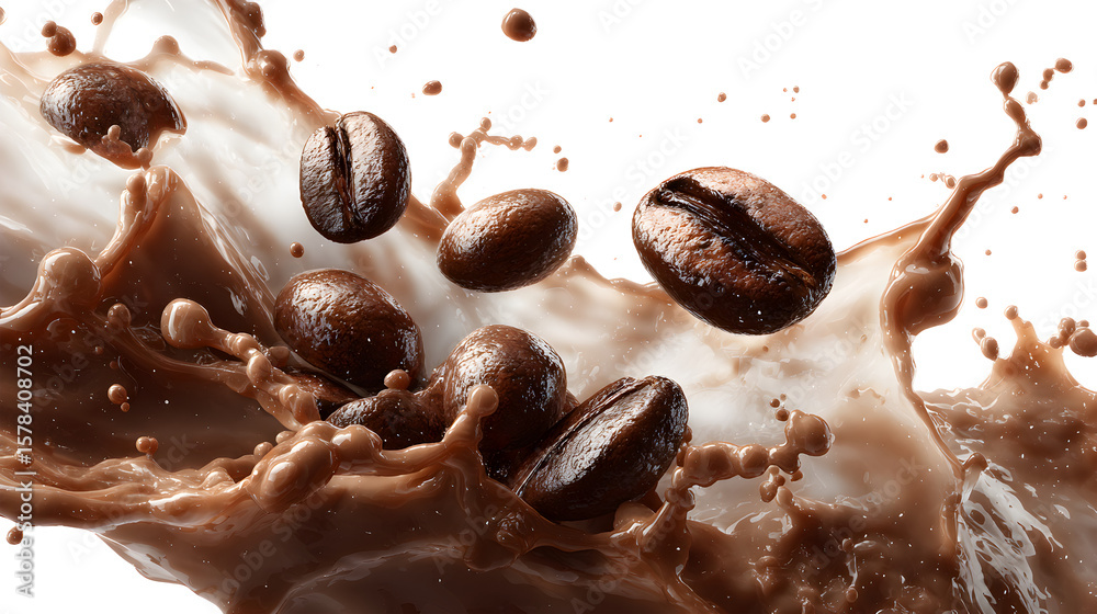 Fototapeta premium A splash of milk with coffee beans floating in it