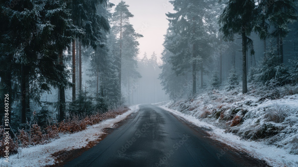 Obraz premium A tranquil winter road surrounded by snow-laden trees, invoking a sense of peace and adventure.