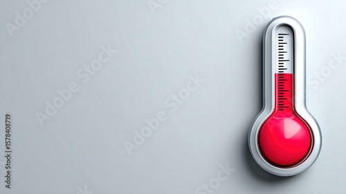 Red medical thermometer with high temperature reading on clean gray background representing healthcare monitoring and fever detection