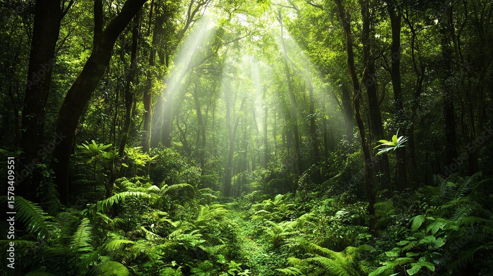 Obraz premium Forest Sunlight Rays Tropical Nature Scene