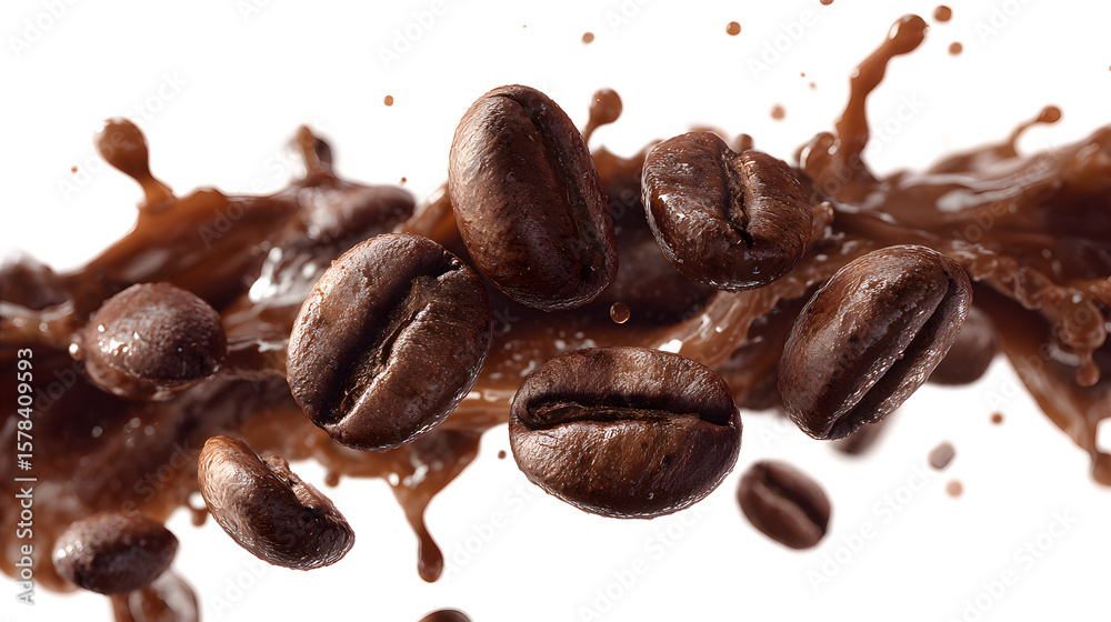 Obraz premium A splash of coffee with coffee beans floating in the air