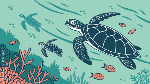 Illustration of sea turtles swimming in the ocean with coral and small fish in the background scene