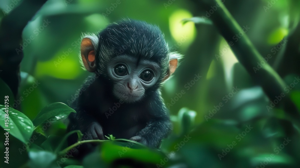 Fototapeta premium Adorable baby monkey with big eyes sits amidst lush green foliage.