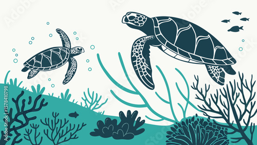 Two sea turtles swimming over a coral reef with fish and bubbles in a marine environment view scene