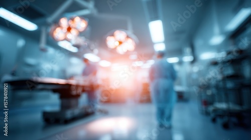 Wallpaper Mural Blurry view of a modern surgical room with medical staff preparing for an operation, illuminated surgical lights. Torontodigital.ca