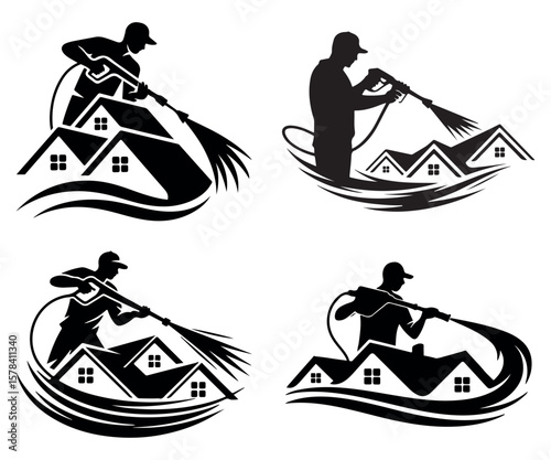 Pressure Washing Logo Set – Roof Cleaning Vector Icons for Exterior Power Wash Branding