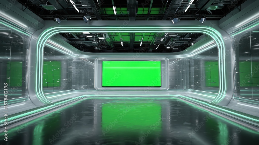 Fototapeta premium Futuristic studio space with green screen and neon lighting, ideal for video production or broadcasting.
