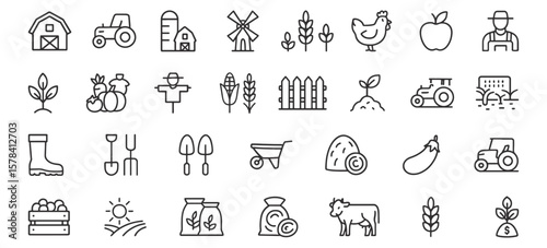 Farming and Agriculture Line Icons Pack – Unique Vector Icons for Farm Tools, Crops, Animals, Equipment, and Organic Produce Design