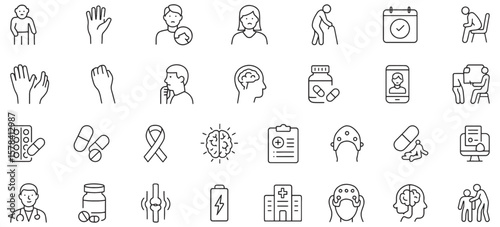 Parkinson’s Disease Line Icons – Unique Symbols Illustrating Symptoms, Treatments, Medication, Therapy, and Patient Care for Medical and Healthcare Designs