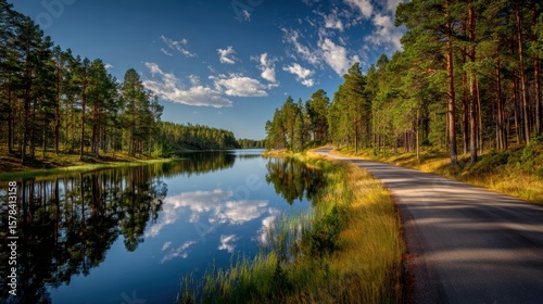 Fototapeta Naklejka Na Ścianę i Meble -  Serene picturesque lake reflecting the sky, surrounded by tall trees and a winding path, perfect for nature lovers.