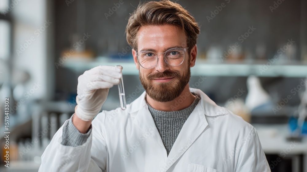 Obraz premium Smiling scientist holding a test tube in a modern laboratory, representing innovation and research in science.