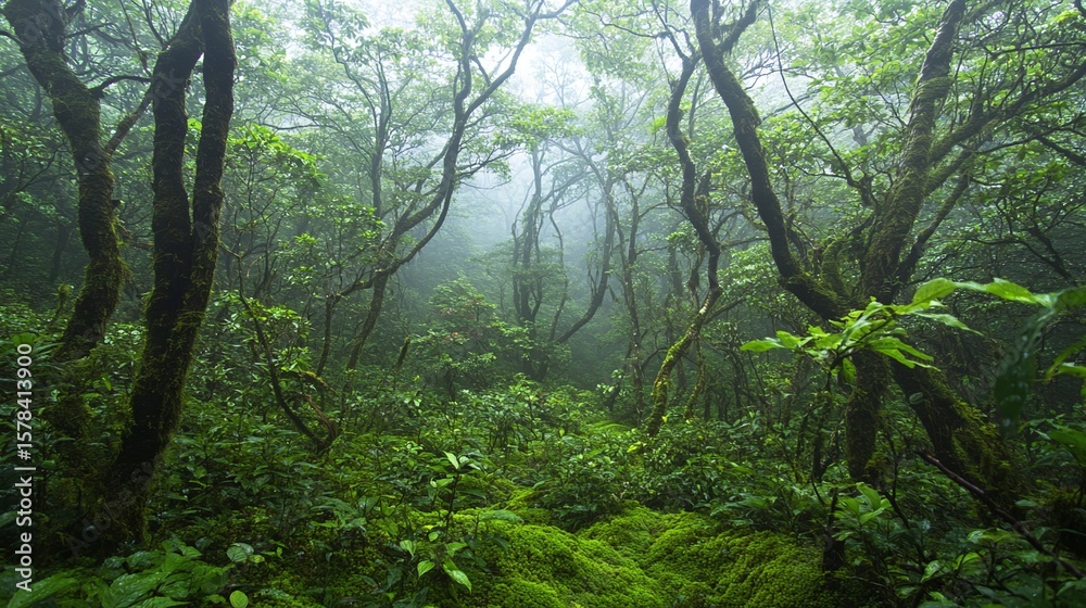 Fototapeta premium Misty Rainforest Lush Green Canopy And Mossy Trees
