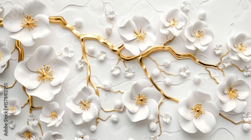 Wallpaper Mural Flowering tree background in 3D with white flowers and golden trunk Torontodigital.ca