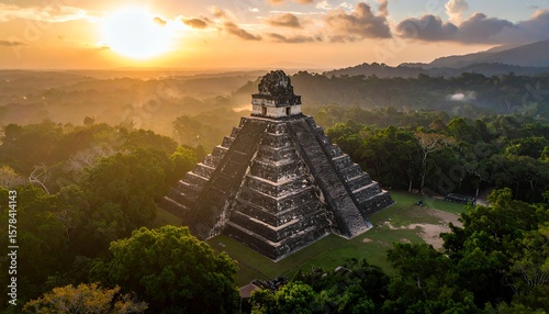Mayan Pyramid Sunrise Tikal Guatemala.
