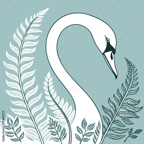 Elegant swan with long neck surrounded by ferns and leaves in a serene and peaceful composition