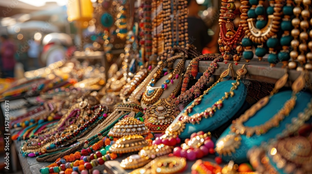 Fototapeta premium Exquisite jewelry display in vibrant colors at an outdoor craft market
