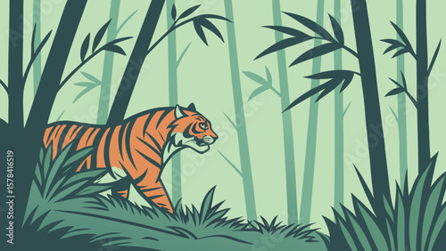 A tiger walking through a bamboo forest with tall trees and green foliage in the foreground