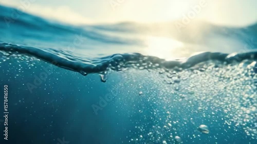 Bright sun reflection on ocean surface with bubbles rising to the top.