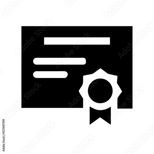 bold silhouette icon of a certificate with a ribbon seal, ideal for websites or blogs about education, achievement, certification, awards, or recognition.