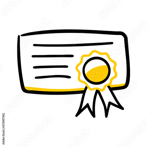 stylized icon of a certificate with a yellow ribbon and seal, suitable for websites or blogs on education, achievement, awards, or professional qualifications.