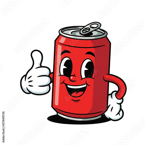 A cheerful cartoon soda can gives a thumbs-up.