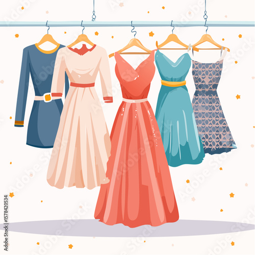 elegant dresses hanging on hangers in a clothing store