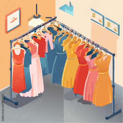 elegant dresses hanging on hangers in a clothing store