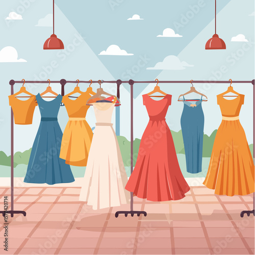 elegant dresses hanging on hangers in a clothing store