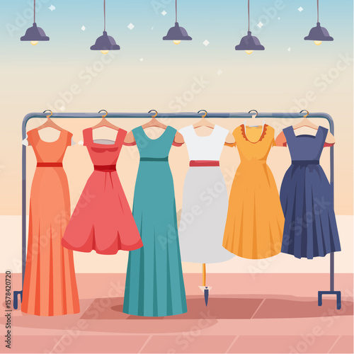 elegant dresses hanging on hangers in a clothing store