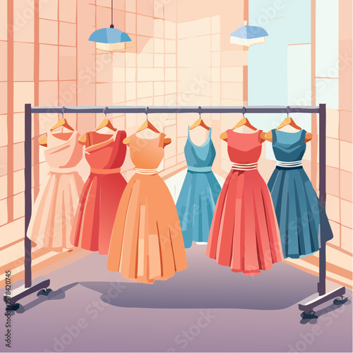 elegant dresses hanging on hangers in a clothing store