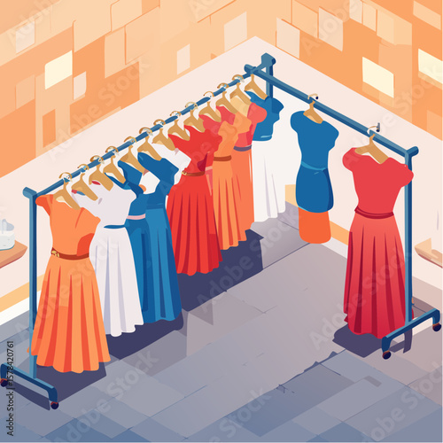 elegant dresses hanging on hangers in a clothing store