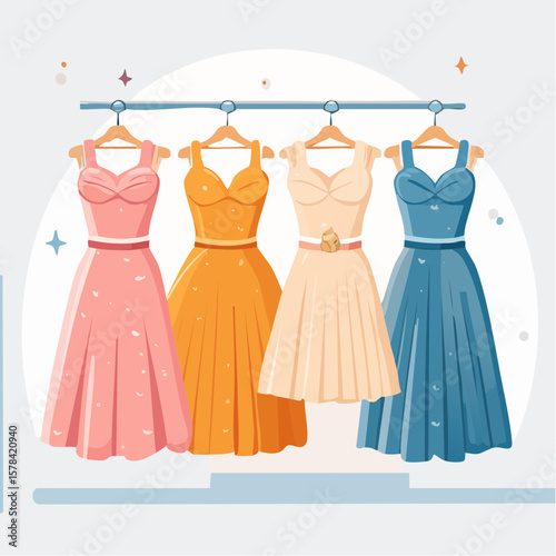 elegant dresses hanging on hangers in a clothing store