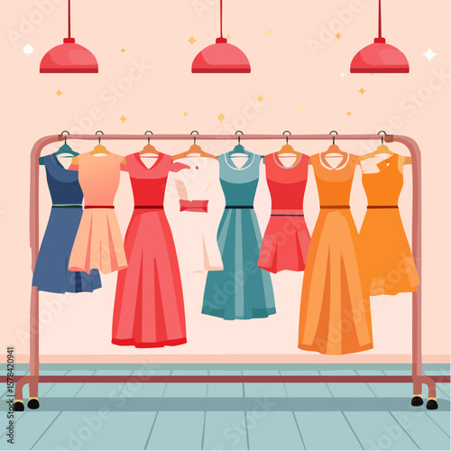 elegant dresses hanging on hangers in a clothing store