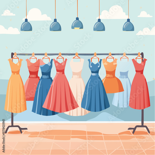 elegant dresses hanging on hangers in a clothing store