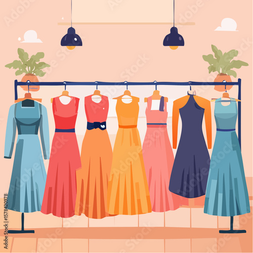 elegant dresses hanging on hangers in a clothing store