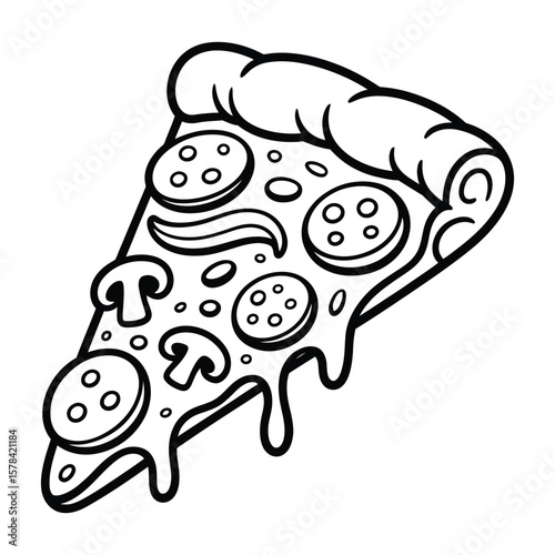 Pizza Slice Coloring Page, Vector, Illustration, Icon, Outline, Line Art, Silhouette, White Background.