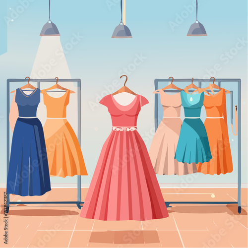 elegant dresses hanging on hangers in a clothing store