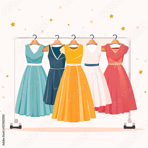 elegant dresses hanging on hangers in a clothing store