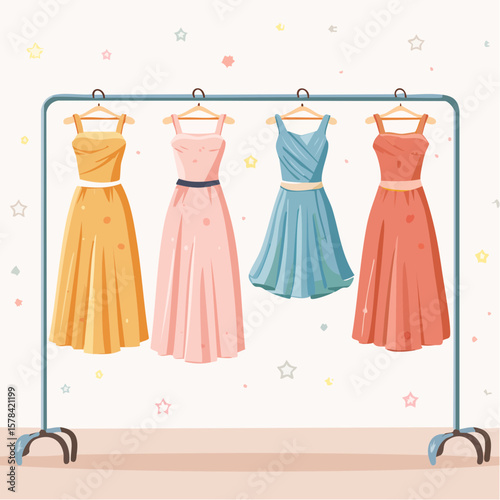 elegant dresses hanging on hangers in a clothing store