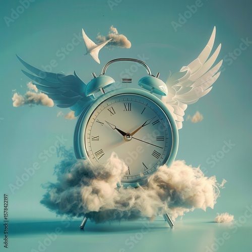 retro alarm clock with wings flying through clouds baby blue and white on clock .