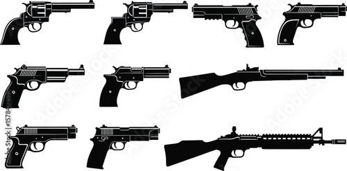 A collection of various black gun silhouettes including pistols and rifles on white backdrop