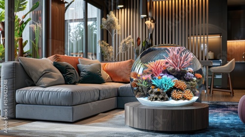 Wallpaper Mural Mini aquarium on table in modern living room with grey sofa and pillows Torontodigital.ca