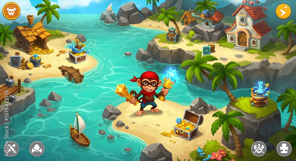 Obraz premium Pirate Character Holding Treasure on a Tropical Island with Clear Blue Ocean and Golden Chests