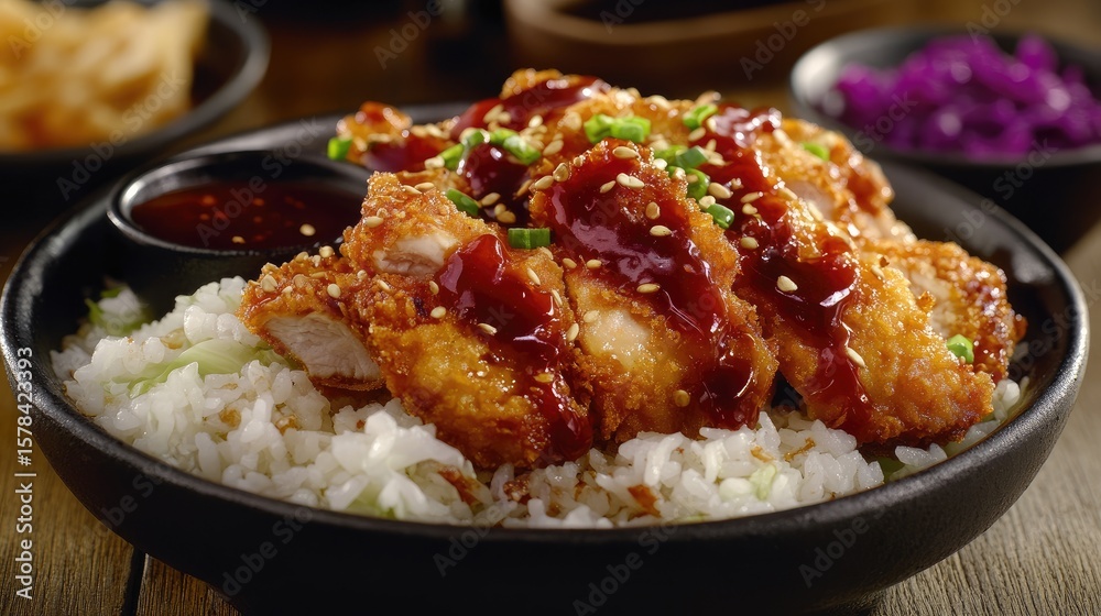 custom made wallpaper toronto digitalCrispy Katsu chicken with sauce, rice and cabbage.