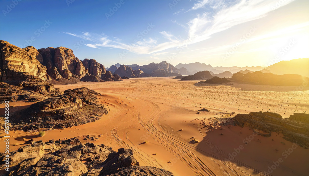 Naklejka premium Desert landscape with rocky mountains and bright sunlight creating warm atmosphere